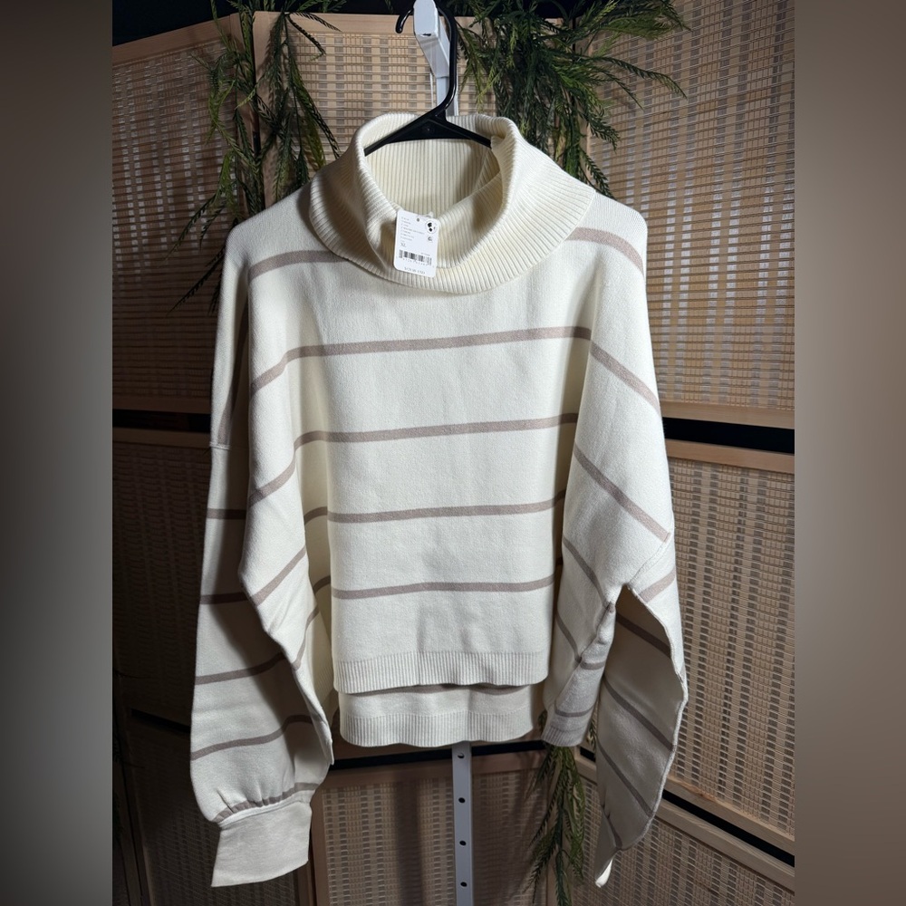 Free People Cream and Tan Striped Turtleneck Sweater *Oversized Large - XL Fit*